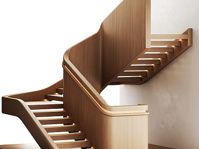 Elegant Modern Wooden Curved Staircase With Built in LED Step Lighting 3d model