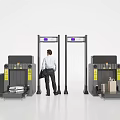 Public Security Check Facility With Metal Detector Gates Baggage Scanners And Person Undergoing Check