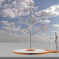 3D Render Tree With Colorful Nodes Human Using Tablet On Circular Platform Blue Sky Clouds