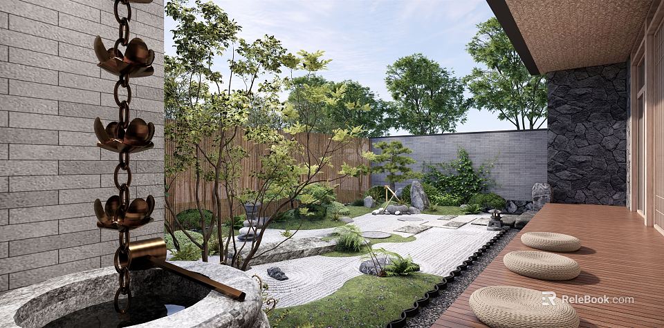 Karesansui Dry Landscape Garden With Zen Design Gravel Stones Green Plants And Wooden Fence 3d model 