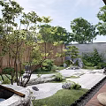 Karesansui Dry Landscape Garden With Zen Design Gravel Stones Green Plants And Wooden Fence