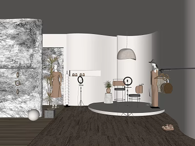 Modern Public Office Space With Open Layout Marble Elements Hanging Lamp And Plants 3d model