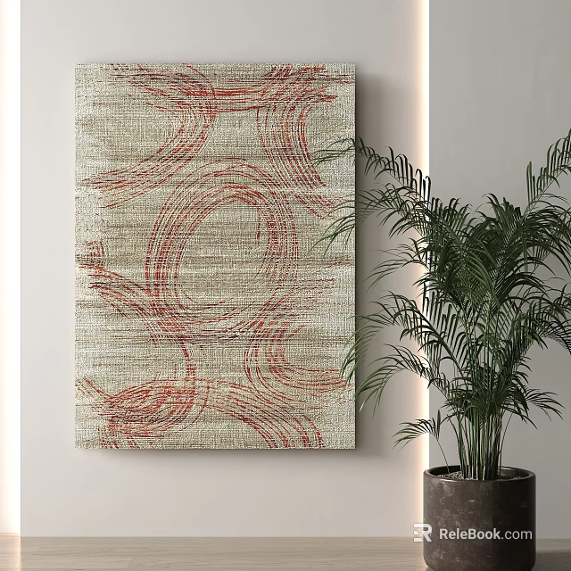 Stylish Square Rug With Red Curved Patterns On Light Background Near Potted Plant 3d model