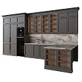 Elegant Modern Kitchen Cabinets With Dark Gray Glass Doors And Marble Countertop