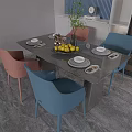 Modern Dining Table Set With Gray Tabletop Pink Blue Chairs Lemon Vase And Tableware 3d model