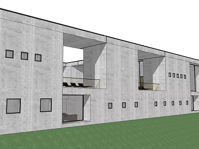 Modern Concrete Building Exterior With Large Windows Balconies And Green Lawn 3d model