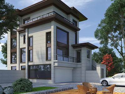 Modern Detached Villa With Stone Exterior Large Windows Balcony Green Trees Courtyard And Outdoor Furniture 3d model