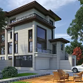 Modern Detached Villa With Stone Exterior Large Windows Balcony Green Trees Courtyard And Outdoor Furniture