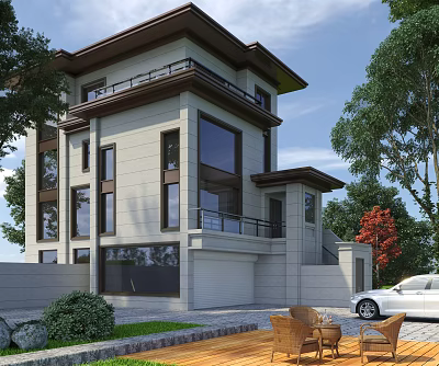 Modern Detached Villa With Stone Exterior Large Windows Balcony Green Trees Courtyard And Outdoor Furniture 3d model