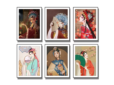 Traditional Chinese Portrait Paintings Featuring Classical Female Figures with Headdresses and Fans 3d model
