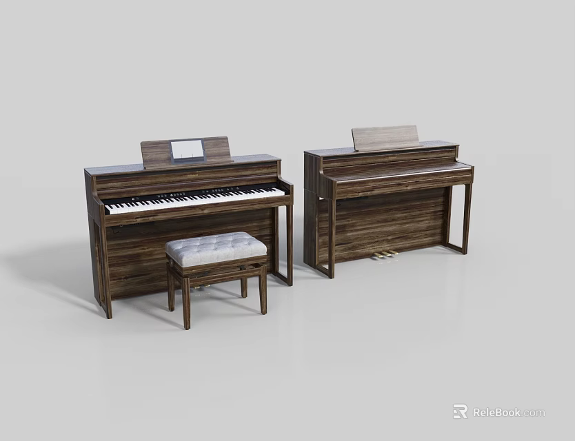 Two Wooden Upright Pianos With Matching Piano Bench For Home Musical Decor 3d model 