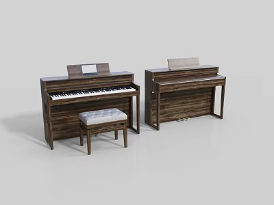 Two Wooden Upright Pianos With Matching Piano Bench For Home Musical Decor 3d model