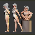 Women 3D Models in White Bodysuits with Various Poses on Gray Background