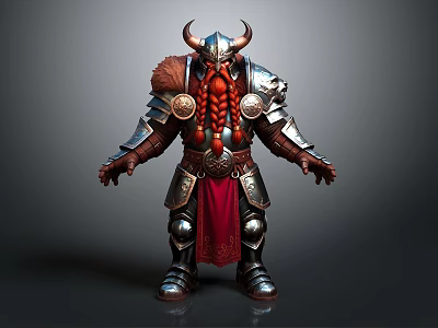Horned Warrior Character With Red Beard Metallic Armor And Red Cape 3d model