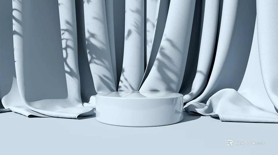 Elegant White Circular Display Stand With Soft Curtains And Tree Shadows 3d model