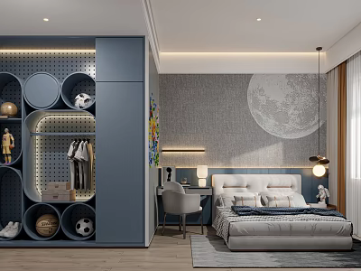 Modern Kids Bedroom With Moon Wall Custom Storage And Bed 3d model