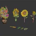 Patterned Vase With Blooming Sunflowers Single Stems And Bud On Dark Background 3d model