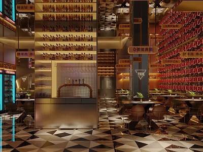 Modern Restaurant Interior With Wine Racks Chandeliers Dining Tables And Warm Lighting 3d model