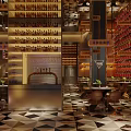 Modern Restaurant Interior With Wine Racks Chandeliers Dining Tables And Warm Lighting