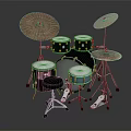 Drum Set Musical Instrument With Black Shells White Heads Colored Cymbals And Pedals