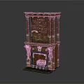 Ornate Carved Fireplace With Red And Gold Design Green Base And Decorative Columns