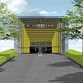 Yellow And Black Building Entrance With Trees And Driveway Pathway