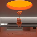 Teddy Bear In Orange Outfit Hanging With Balloons Under Orange Circular Light In Modern Minimalist Room
