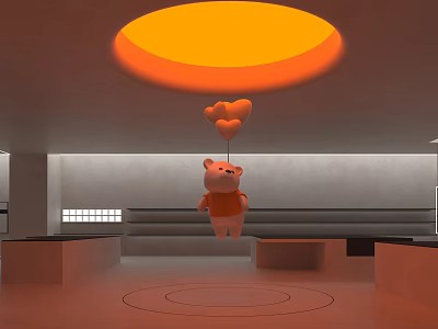 Teddy Bear In Orange Outfit Hanging With Balloons Under Orange Circular Light In Modern Minimalist Room 3d model