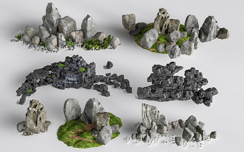 Modern rockery stone landscape sketch rockery falling water landscape stone 3d model