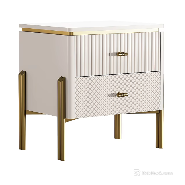 White Gold Nightstand with Textured Drawers Vertical Stripes Diamond Pattern Gold Handles and Legs 3d model 