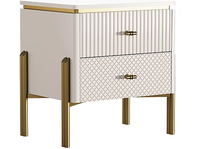 White Gold Nightstand with Textured Drawers Vertical Stripes Diamond Pattern Gold Handles and Legs 3d model