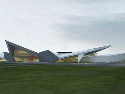 Modern Museum Building With Unique Geometric Design Glass Facade And Green Lawn 3d model