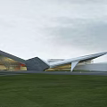 Modern Museum Building With Unique Geometric Design Glass Facade And Green Lawn