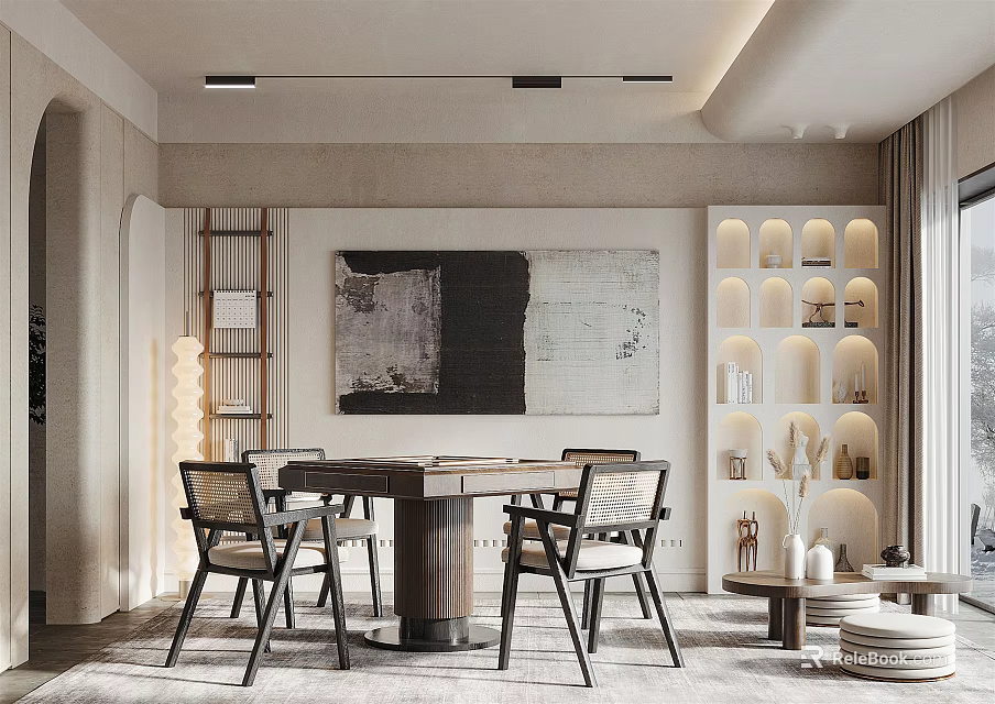 Modern Entertainment Room Interior Design With Round Table Chairs Bookshelves Ceiling Lights And Wall Art 3d model 