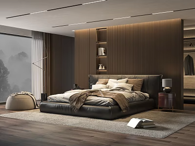 Modern Bedroom Interior Design With Dark Bed Pillows Wooden Paneled Wall And Area Rug 3d model