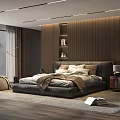 Modern Bedroom Interior Design With Dark Bed Pillows Wooden Paneled Wall And Area Rug