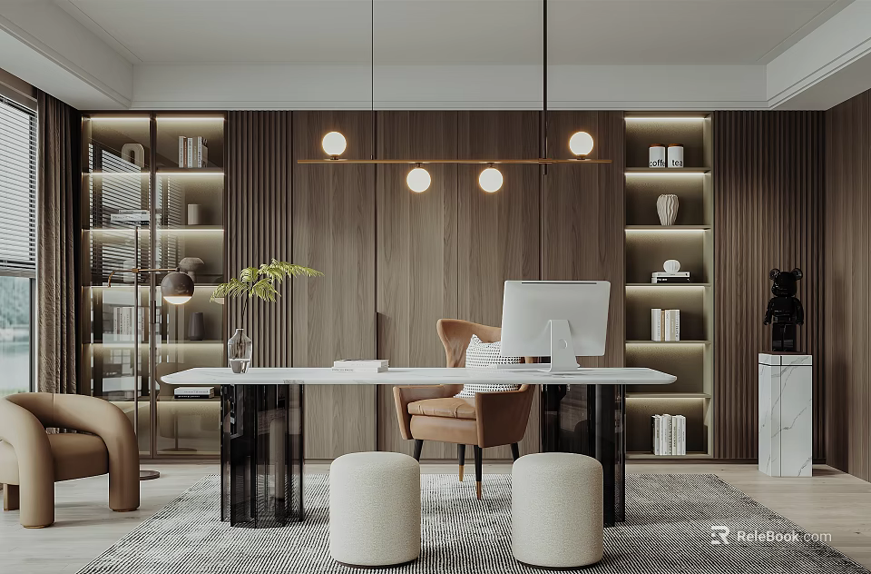 Modern Study Room Interior With Wooden Bookshelves Pendant Lights Desk Chair And Green Plant 3d model 