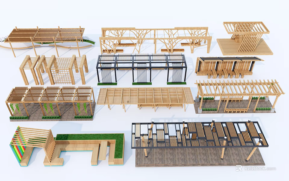 Various Modern Pergola Designs With Wooden Frames And Seating Options 3d model