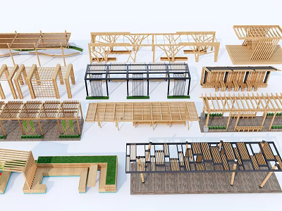 Various Modern Pergola Designs With Wooden Frames And Seating Options 3d model