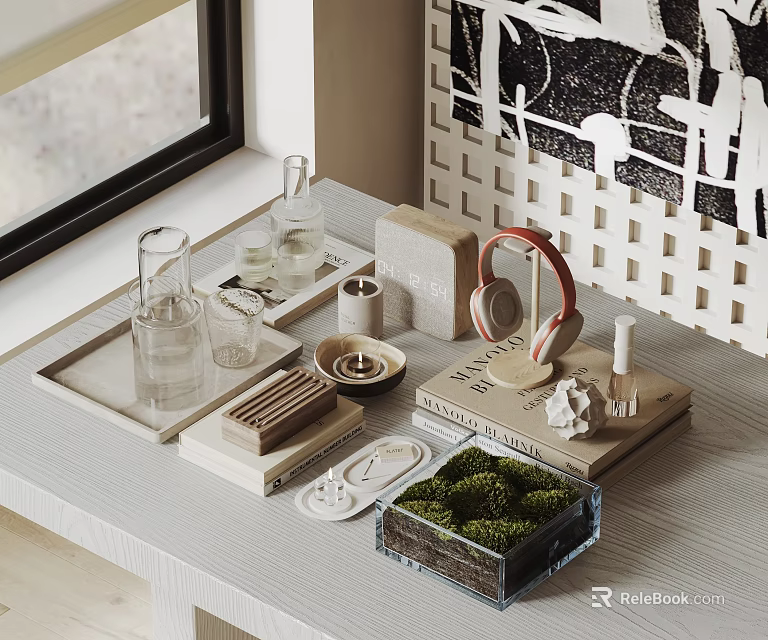 Modern Decorative Ornament Set For Window Sill With Glassware Tray Books Headphones And Moss 3d model 