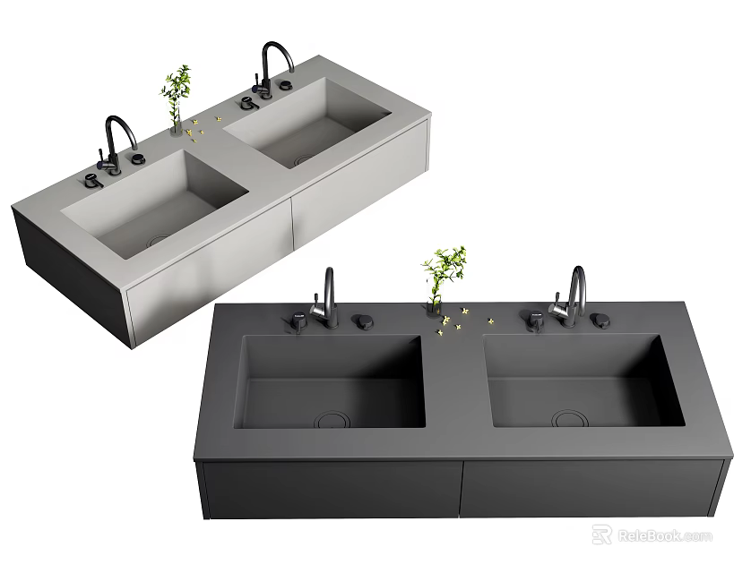 Modern Double Sink Washbasin Design With Faucets And Green Plants In Gray And Dark Gray 3d model 