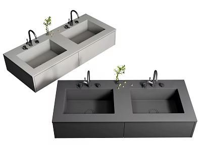 Modern Double Sink Washbasin Design With Faucets And Green Plants In Gray And Dark Gray 3d model