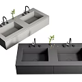 Modern Double Sink Washbasin Design With Faucets And Green Plants In Gray And Dark Gray