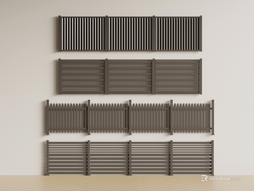 Modern Gray Stair Railings in Different Styles Neatly Arranged on Light Colored Wall 3d model 