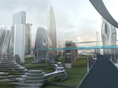 Futuristic Urban Building Design Featuring Modern Swing Door And Green Spaces 3d model