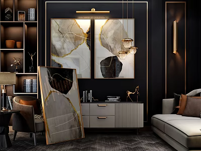 Elegant Modern Living Room Interior With Art Paintings Sofa Cabinet And Lighting 3d model