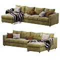 Olive Green Sectional Sofa With Multiple Plush Pillows And Striped Throw Blanket 3d model