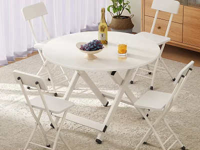 White Folding Dining Table Set With Four Chairs Bowl of Grapes Wine Glass and Potted Plant 3d model