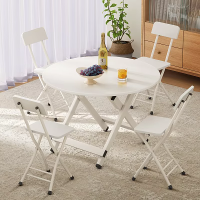 White Folding Dining Table Set With Four Chairs Bowl of Grapes Wine Glass and Potted Plant 3d model