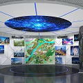 Modern Exhibition Hall Interior With Geometric Display Counters City Models And Blue Ceiling Lights 3d model